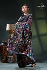 Ink black multithread floral design elegant kantha silk saree black floral saree silver border 4
