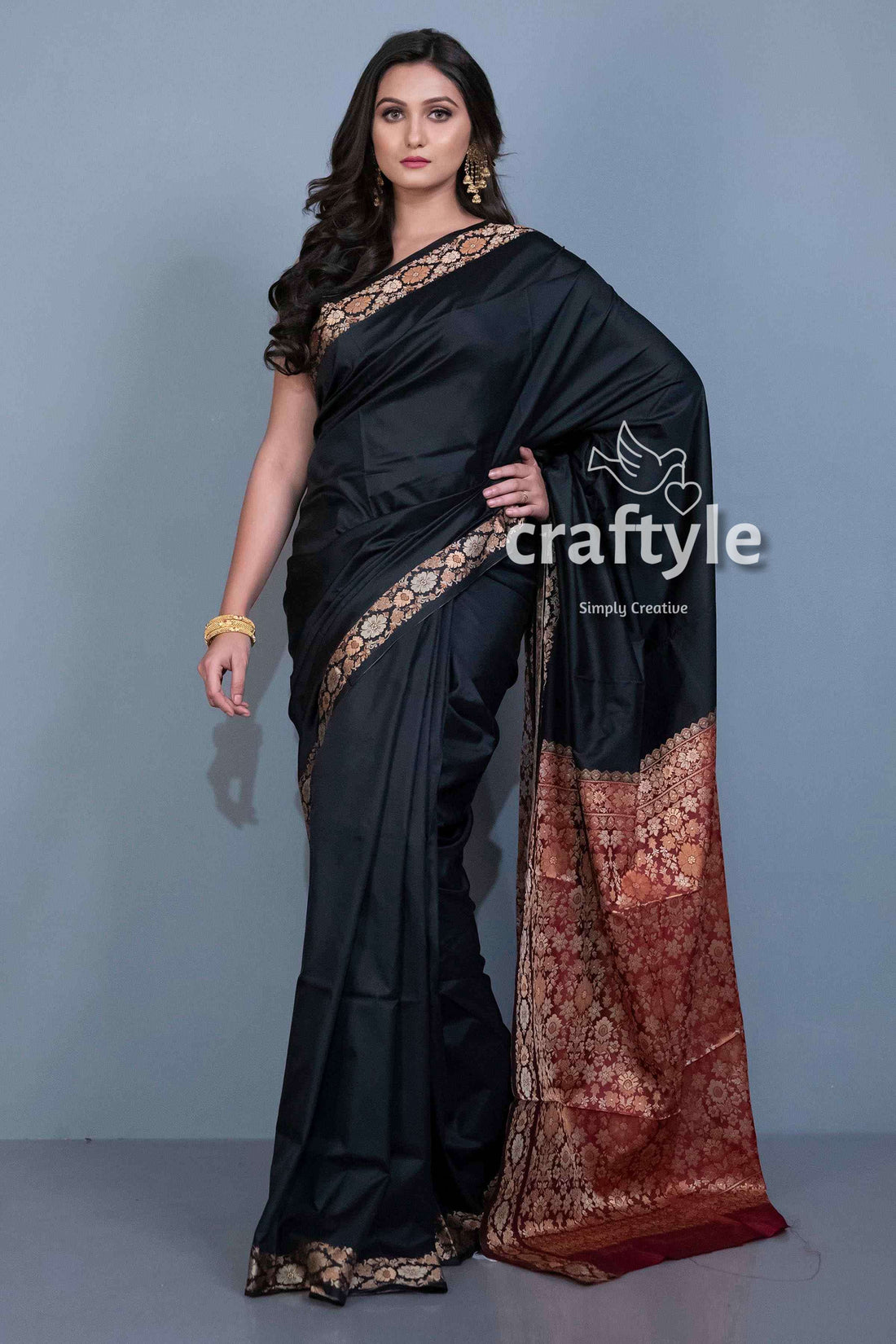 Ink Black Pashmina Soft Silk Saree with Blouse Piece - Craftyle