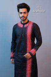 Ink Black & Red Cotton Mens Kurta with Applique and Embroidery Work - Craftyle