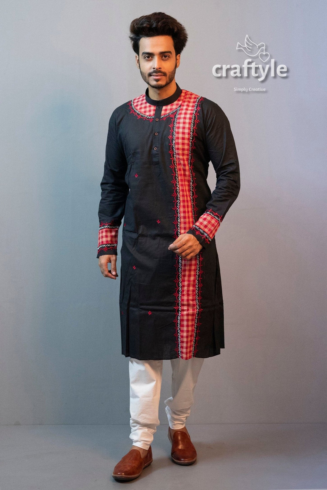 Ink Black &amp; Red Cotton Mens Kurta with Applique and Embroidery Work - Craftyle
