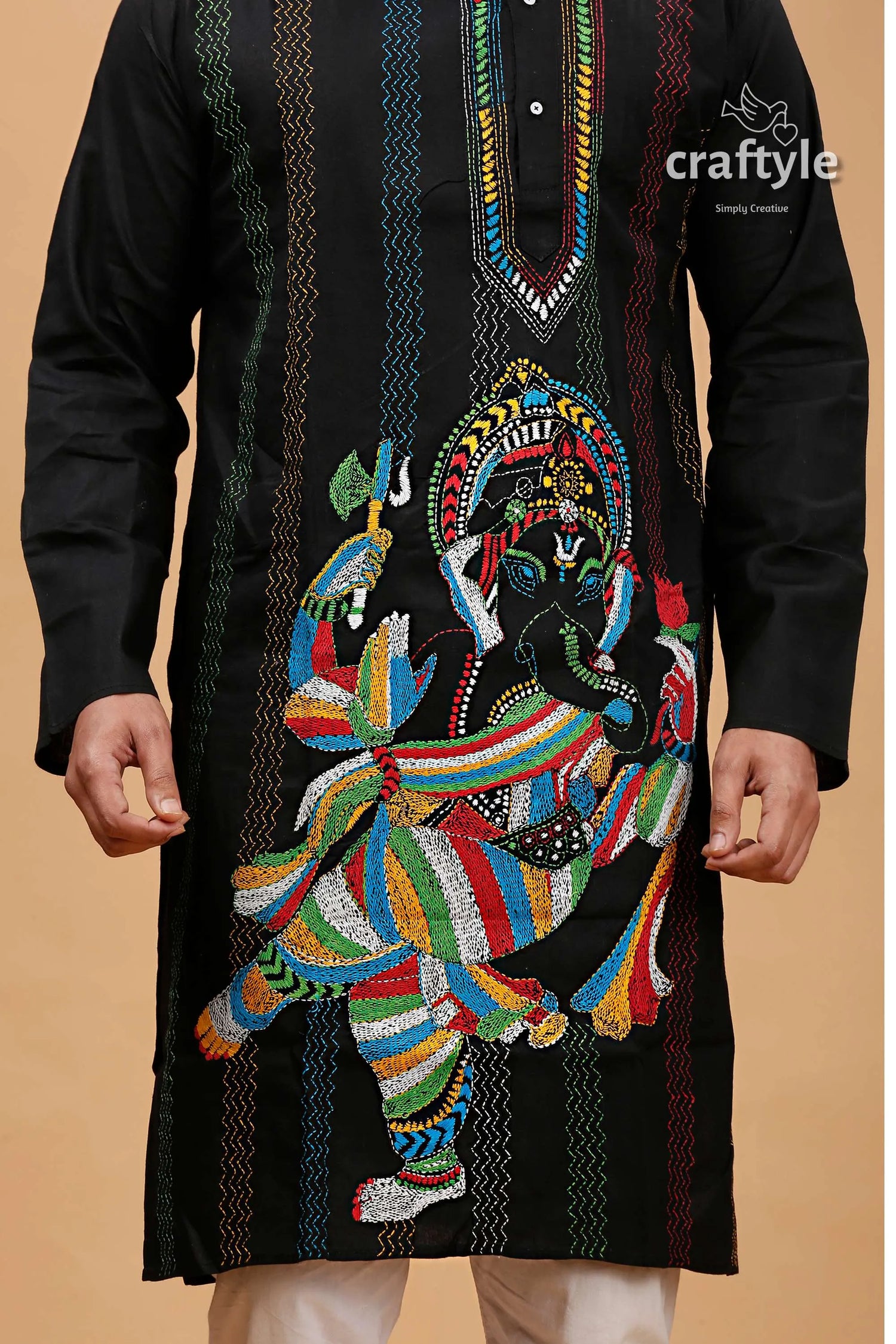 Ink black shree ganesh design kantha stitch cotton panjabi for men embroidered kurta vibrant colorful 2