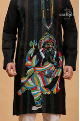 Ink black shree ganesh design kantha stitch cotton panjabi for men embroidered kurta vibrant colorful 2