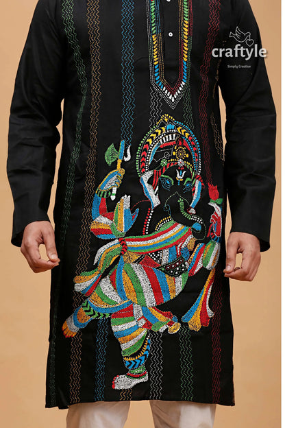 Ink black shree ganesh design kantha stitch cotton panjabi for men embroidered kurta vibrant colorful 2