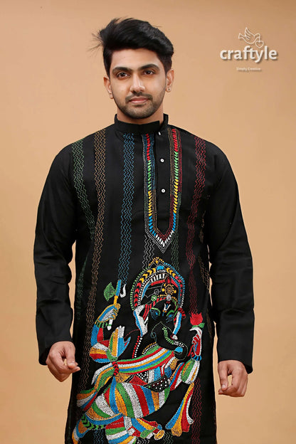 Ink black shree ganesh design kantha stitch cotton panjabi for men embroidered kurta vibrant colorful 6