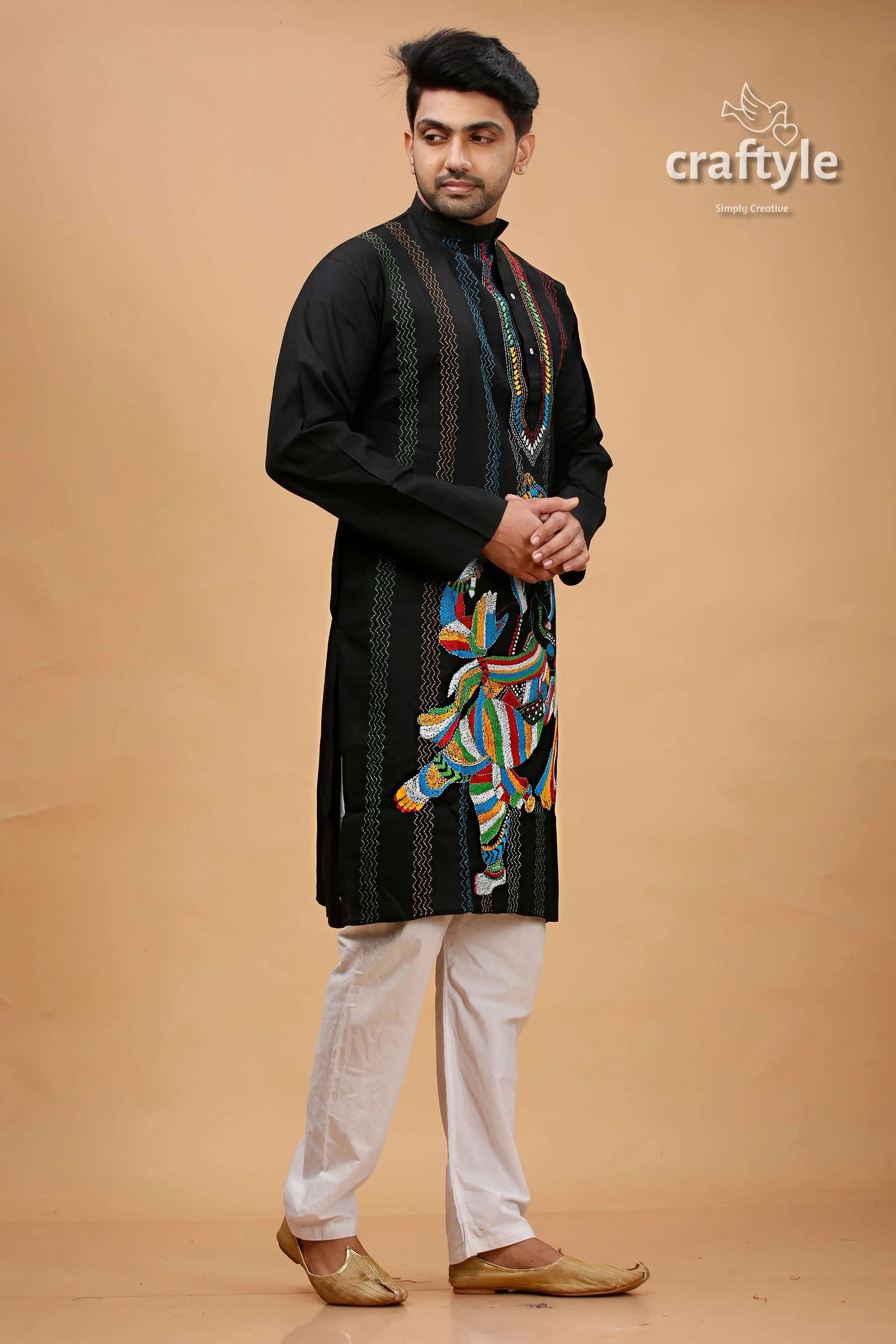 Ink black shree ganesh design kantha stitch cotton panjabi for men embroidered kurta vibrant colorful 4