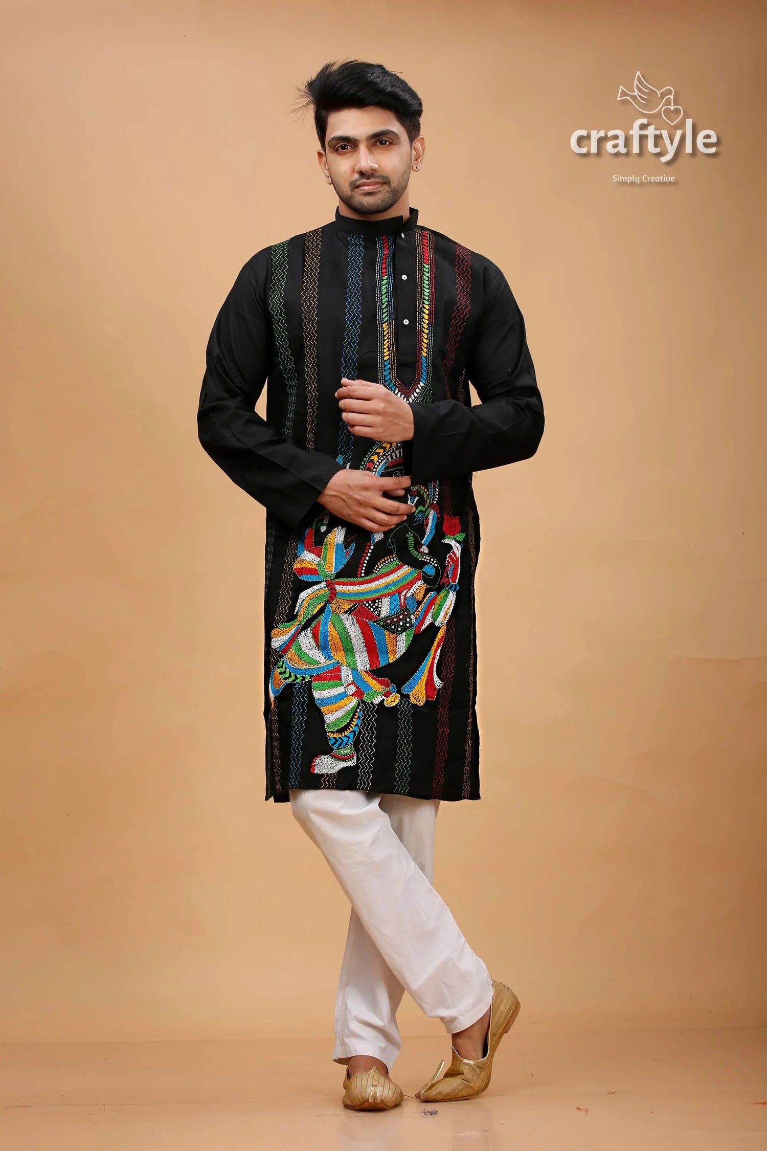 Ink black shree ganesh design kantha stitch cotton panjabi for men embroidered kurta vibrant colorful 1