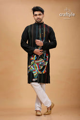 Ink black shree ganesh design kantha stitch cotton panjabi for men embroidered kurta vibrant colorful 1