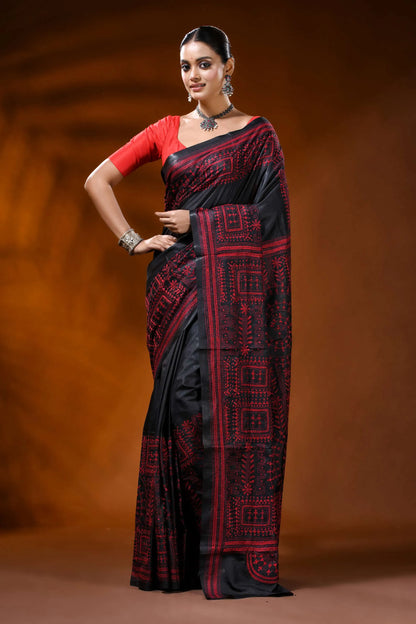 Ink black silk kantha saree with red ethnic warli hand embroidery 6