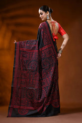 Ink black silk kantha saree with red ethnic warli hand embroidery 5