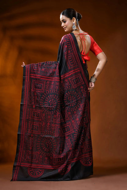 Ink black silk kantha saree with red ethnic warli hand embroidery 5