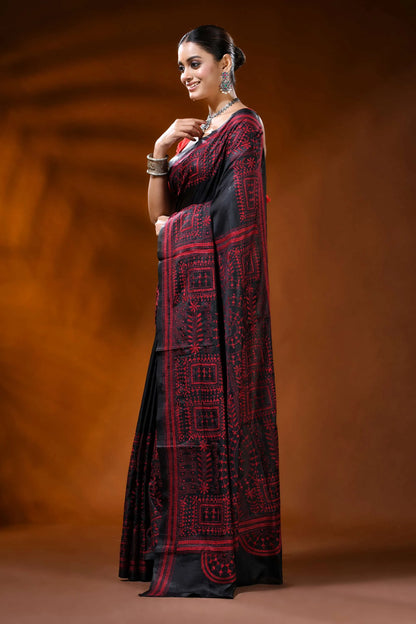 Ink black silk kantha saree with red ethnic warli hand embroidery 4