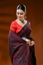 Ink black silk kantha saree with red ethnic warli hand embroidery 2