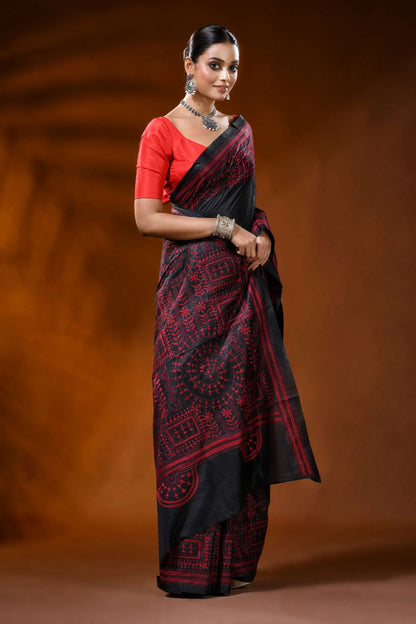 Ink black silk kantha saree with red ethnic warli hand embroidery 3