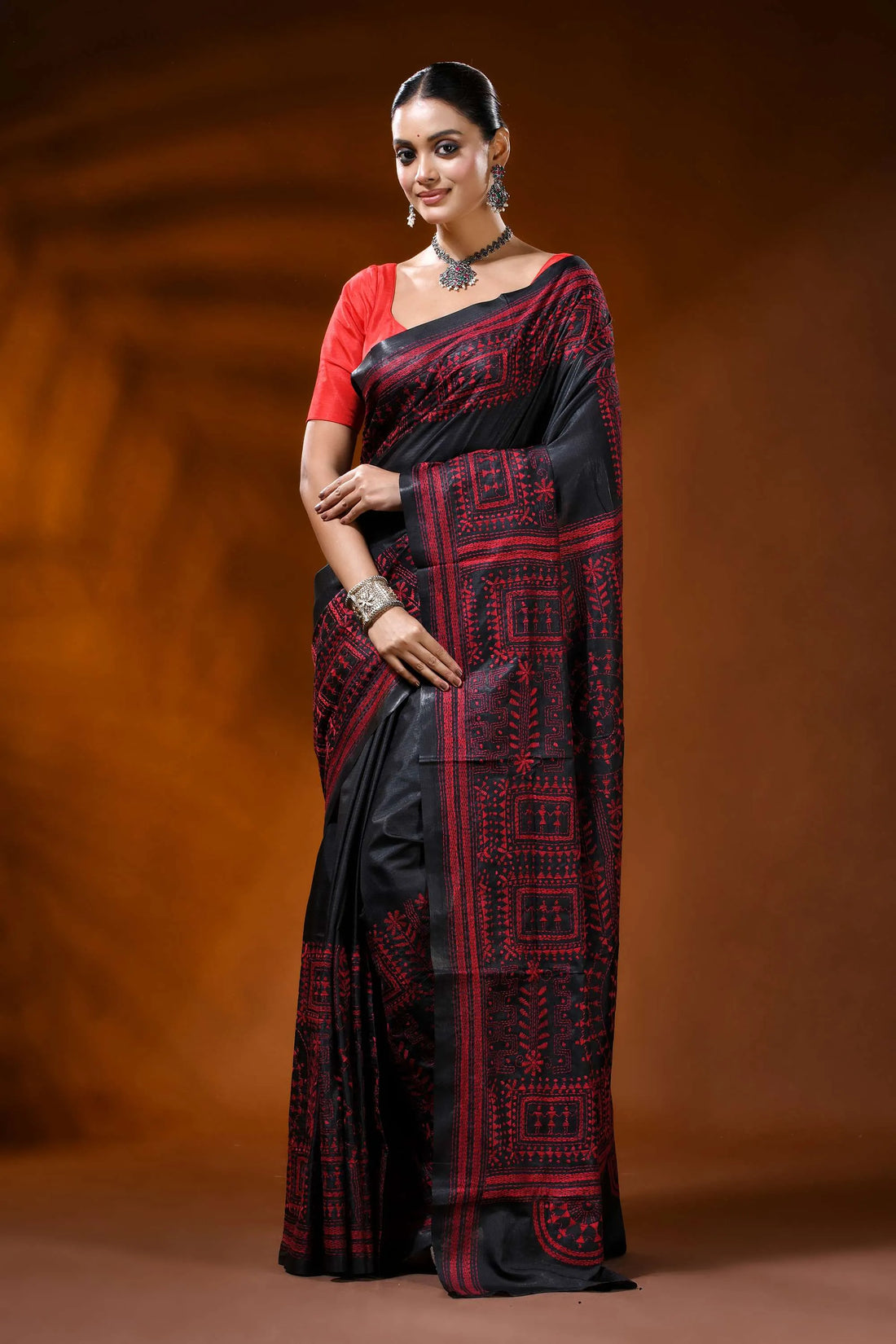 Ink black silk kantha saree with red ethnic warli hand embroidery 1