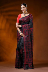 Ink black silk kantha saree with red ethnic warli hand embroidery 1