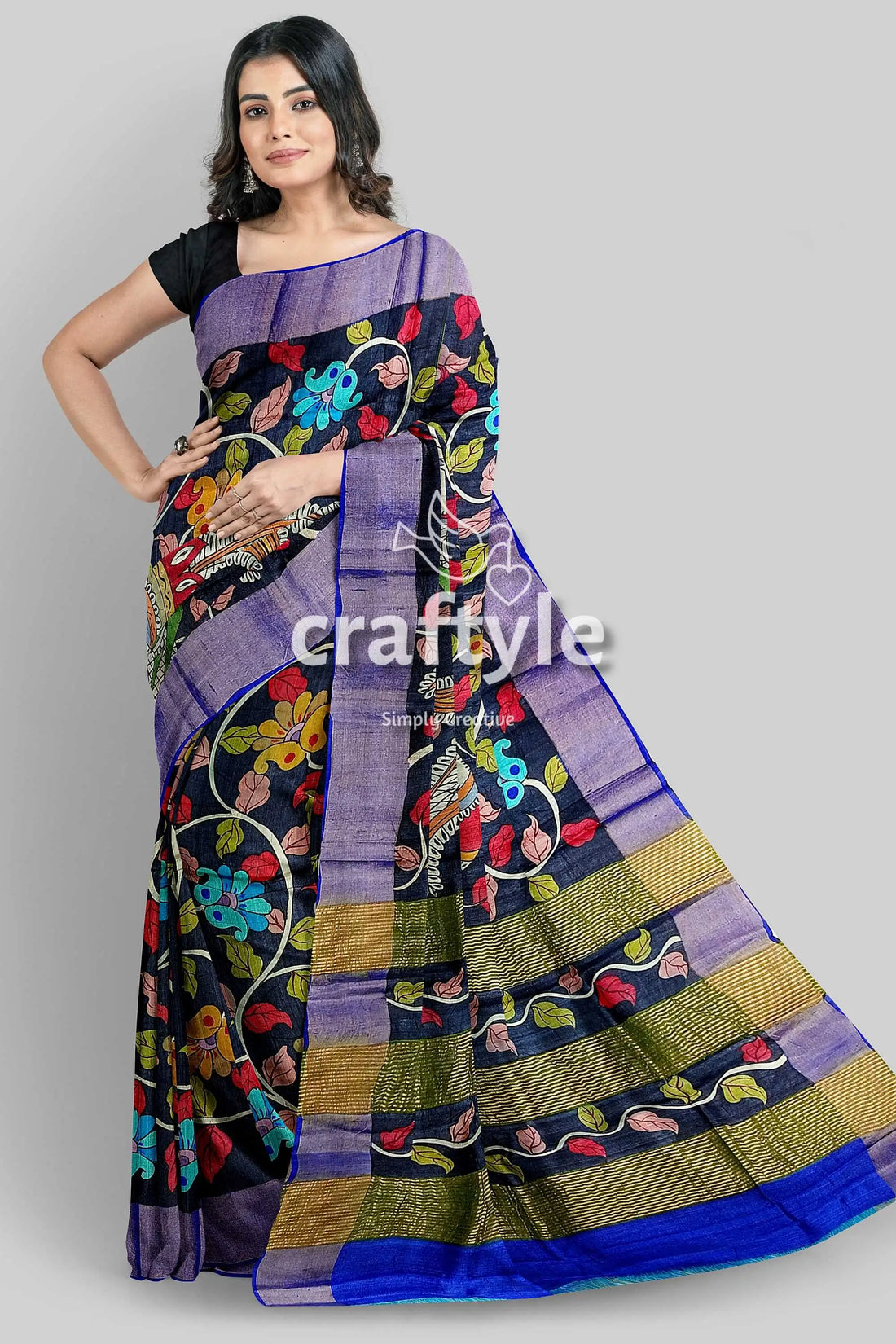 Ink black tussar kalamkari saree - hand painted zari border pure fabric floral-patterned black saree blue border 1