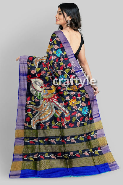 Ink Black Tussar Kalamkari Saree - Hand Painted Zari Border Pure Tussar Fabric - Craftyle