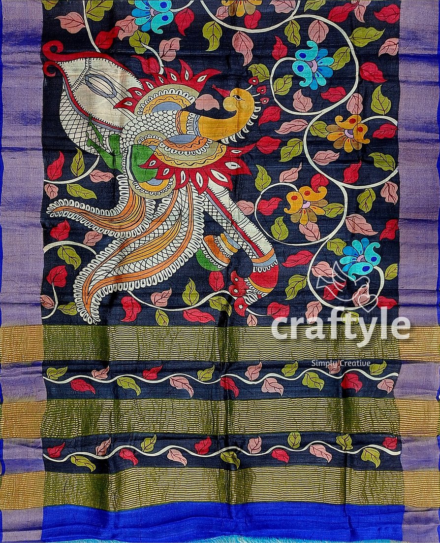 Ink Black Tussar Kalamkari Saree - Hand Painted Zari Border Pure Tussar Fabric - Craftyle