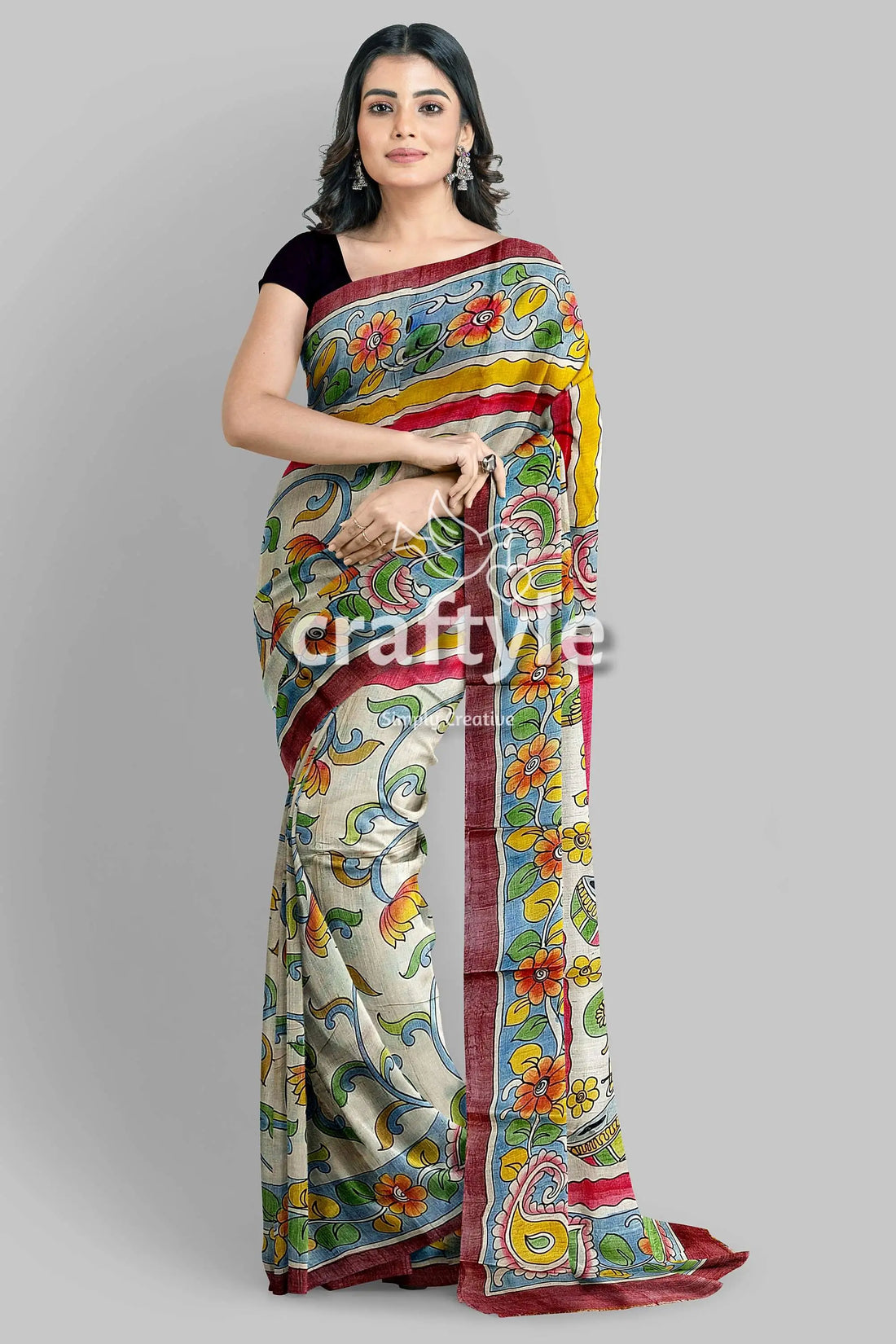 Instrumental design hand painted pure tussar kalamkari sari floral-patterned saree 1
