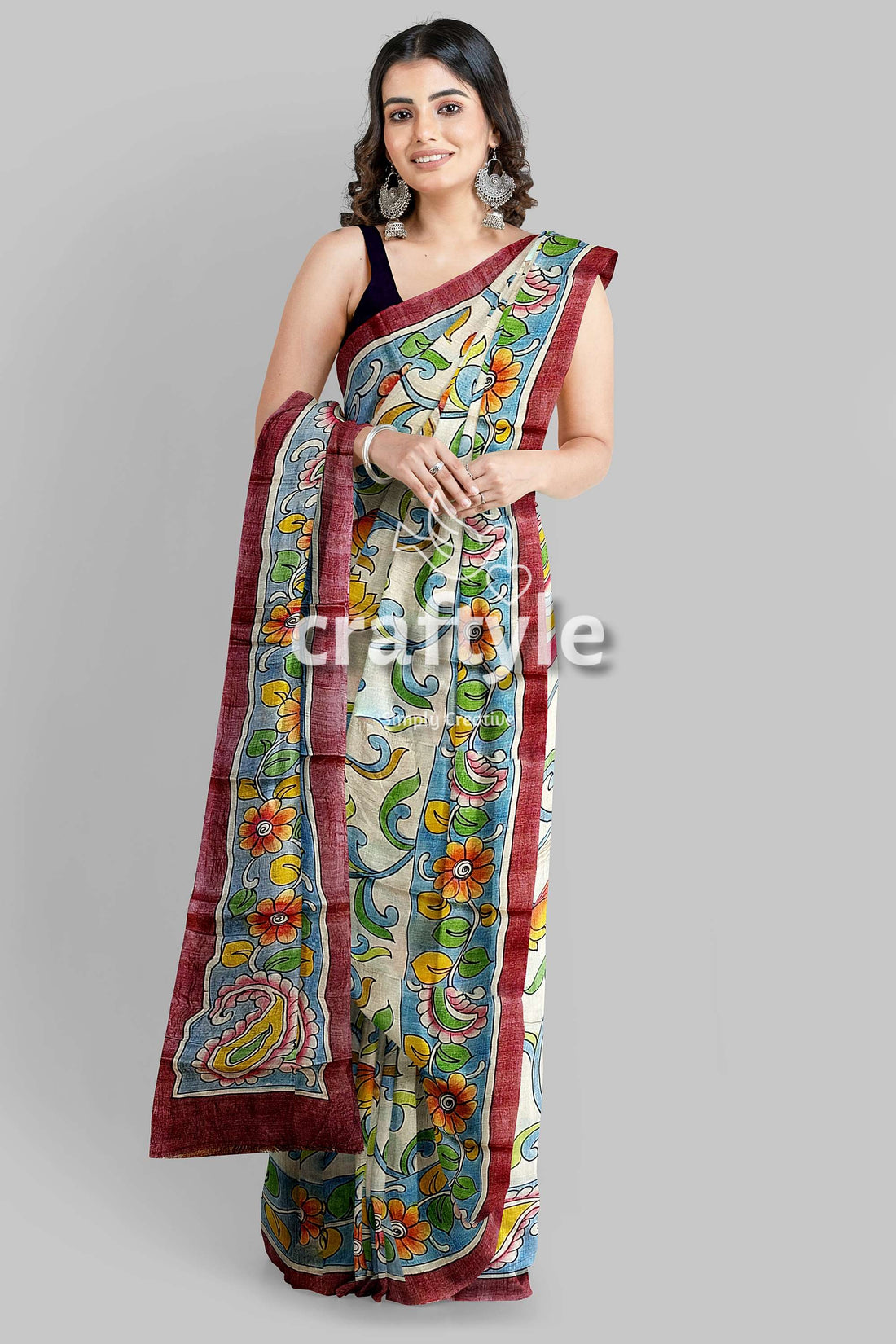 Instrumental Design Hand Painted Pure Tussar Kalamkari Sari - Craftyle