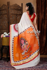 Intricate goddess motif hand painted kerala cotton saree white saree orange painted design 5