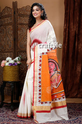 Intricate Goddess Motif Hand Painted Kerala Cotton Saree-Craftyle