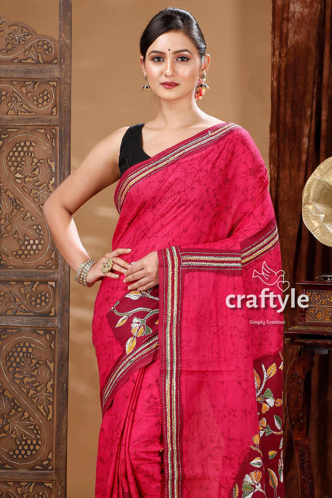 Intricate Hand Batik Kantha Work Cotton Saree-Craftyle