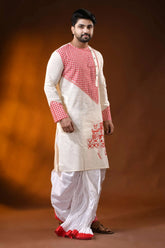 Ivory cotton punjabi for men with kantha and applique check design 7