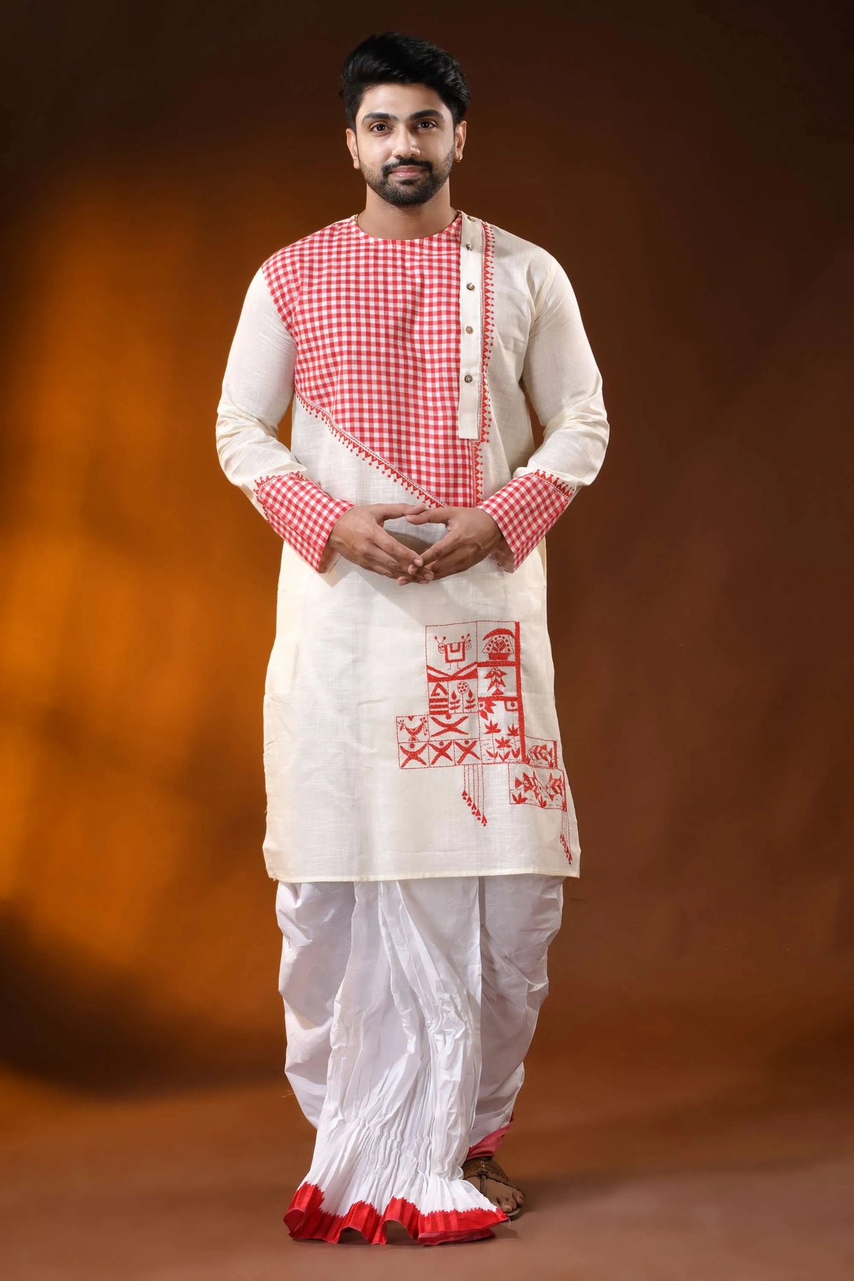 Ivory cotton punjabi for men with kantha and applique check design 6