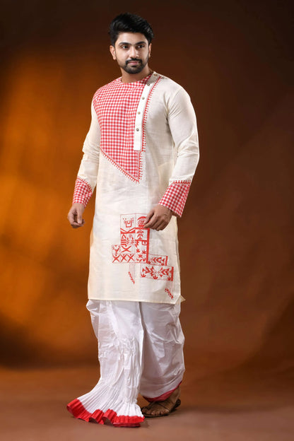 Ivory cotton punjabi for men with kantha and applique check design 3