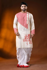 Ivory cotton punjabi for men with kantha and applique check design 1