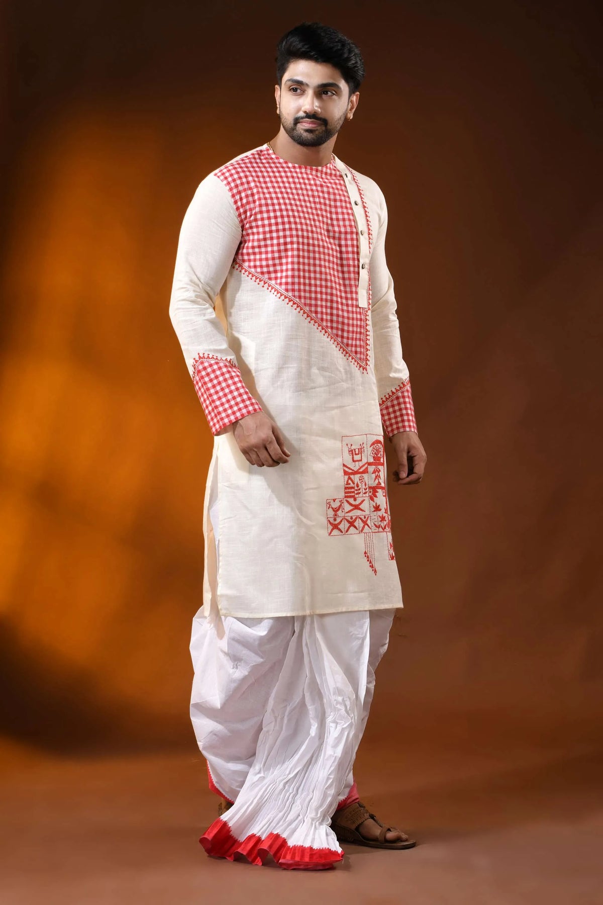 Ivory cotton punjabi for men with kantha and applique check design 4