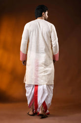 Ivory cotton punjabi for men with kantha and applique check design 5