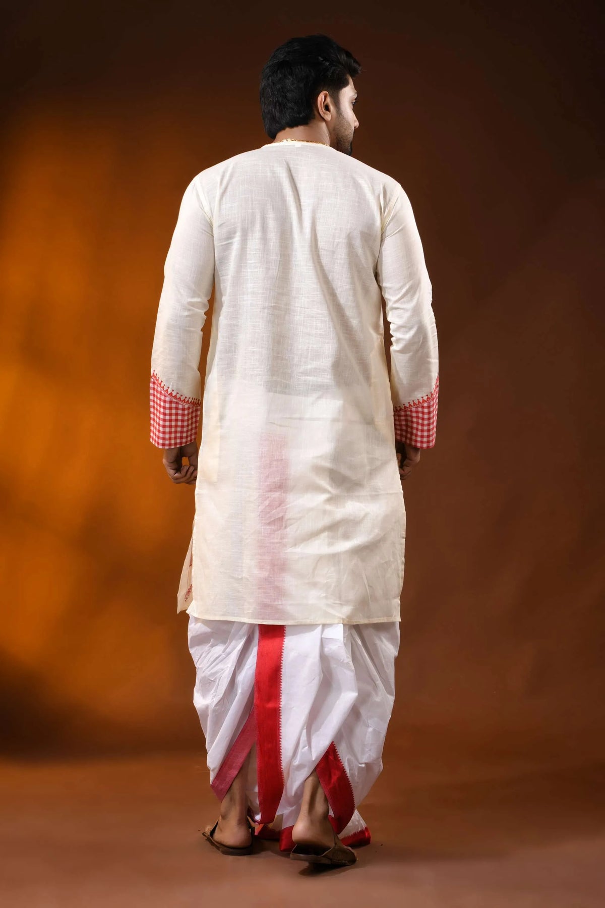 Ivory cotton punjabi for men with kantha and applique check design 5