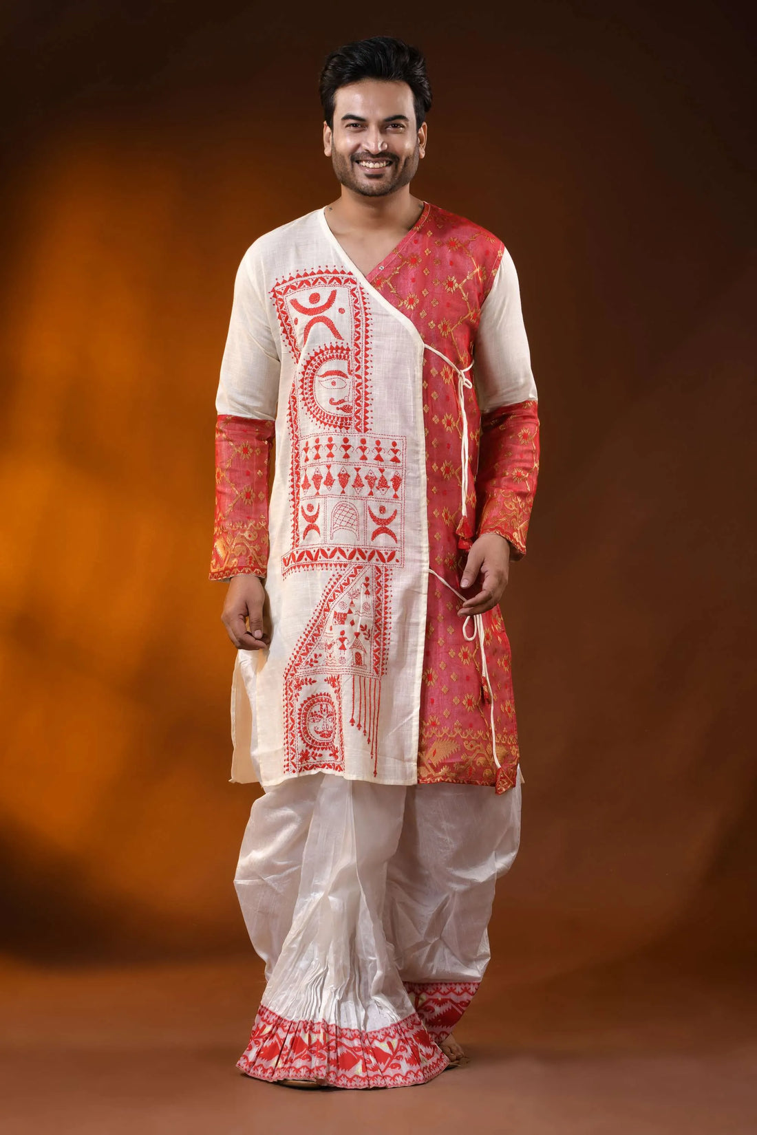 Ivory pure cotton jamdani punjabi for men with kantha stitch design 1
