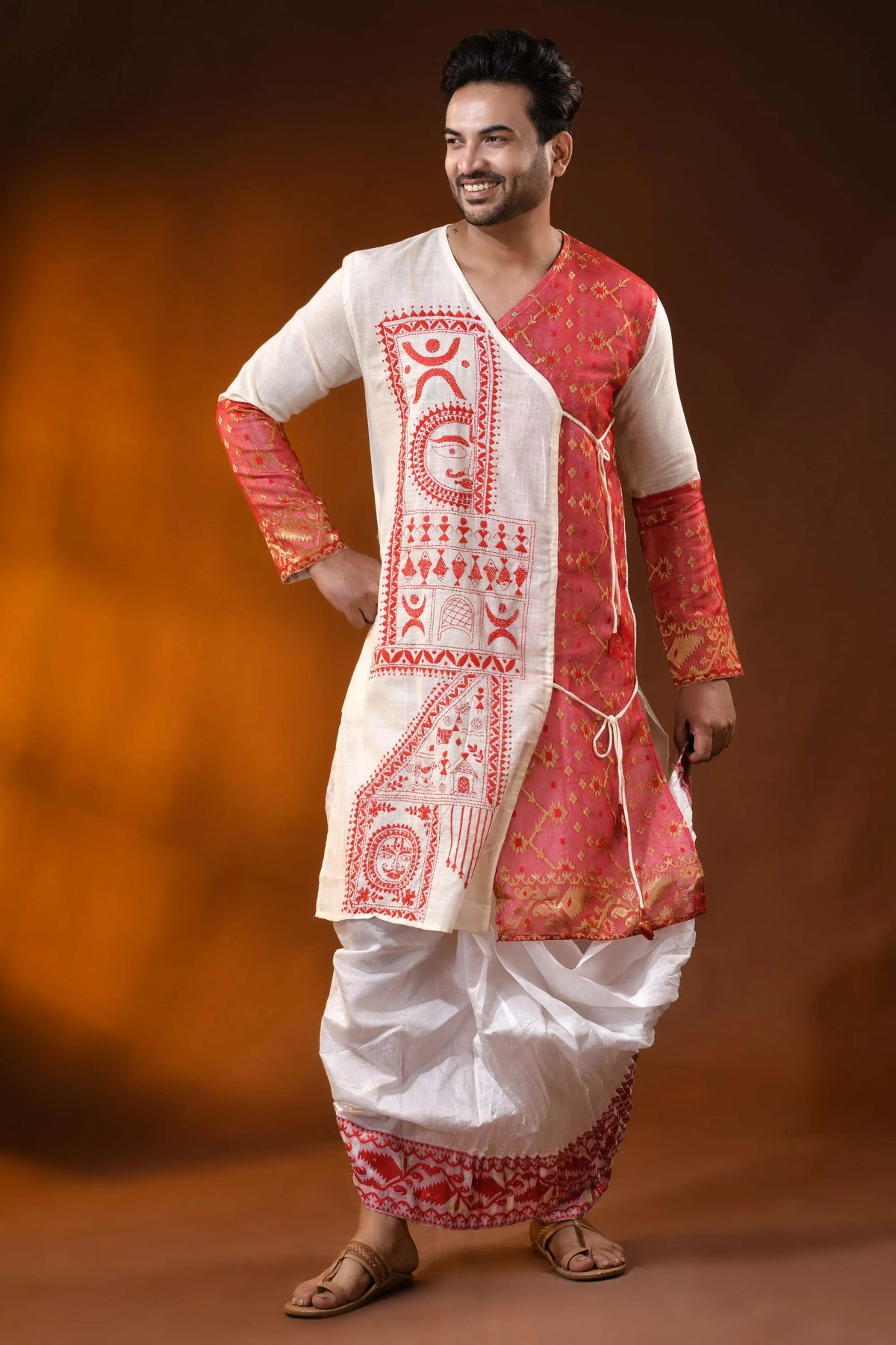Ivory pure cotton jamdani punjabi for men with kantha stitch design 5