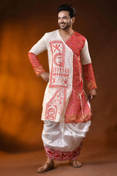 Ivory pure cotton jamdani punjabi for men with kantha stitch design 5