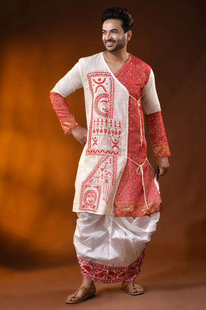 Ivory pure cotton jamdani punjabi for men with kantha stitch design 5