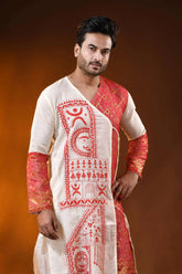 Ivory pure cotton jamdani punjabi for men with kantha stitch design 2