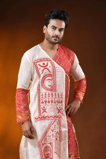 Ivory pure cotton jamdani punjabi for men with kantha stitch design 2