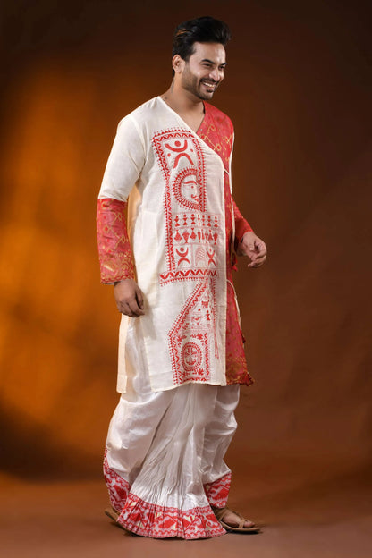 Ivory pure cotton jamdani punjabi for men with kantha stitch design 3