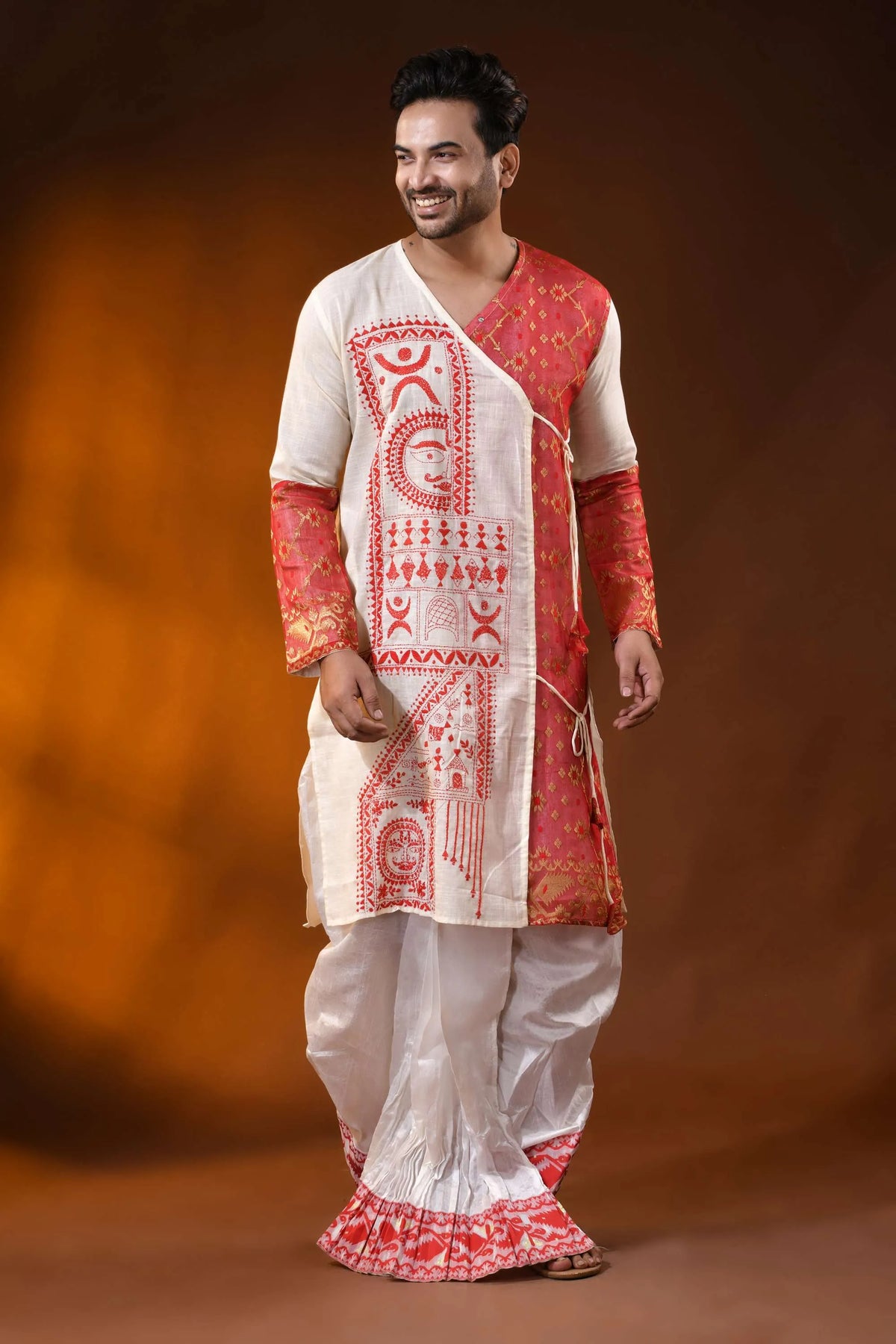 Ivory pure cotton jamdani punjabi for men with kantha stitch design 7