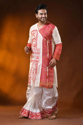 Ivory pure cotton jamdani punjabi for men with kantha stitch design 4