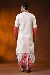 Ivory pure cotton jamdani punjabi for men with kantha stitch design 6