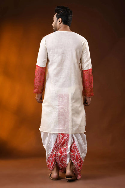 Ivory pure cotton jamdani punjabi for men with kantha stitch design 6