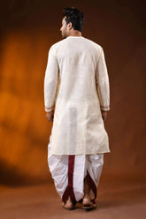 Ivory pure cotton men’s punjabi featuring fish motif kantha stitch art 5