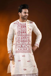 Ivory pure cotton men’s punjabi featuring fish motif kantha stitch art 2