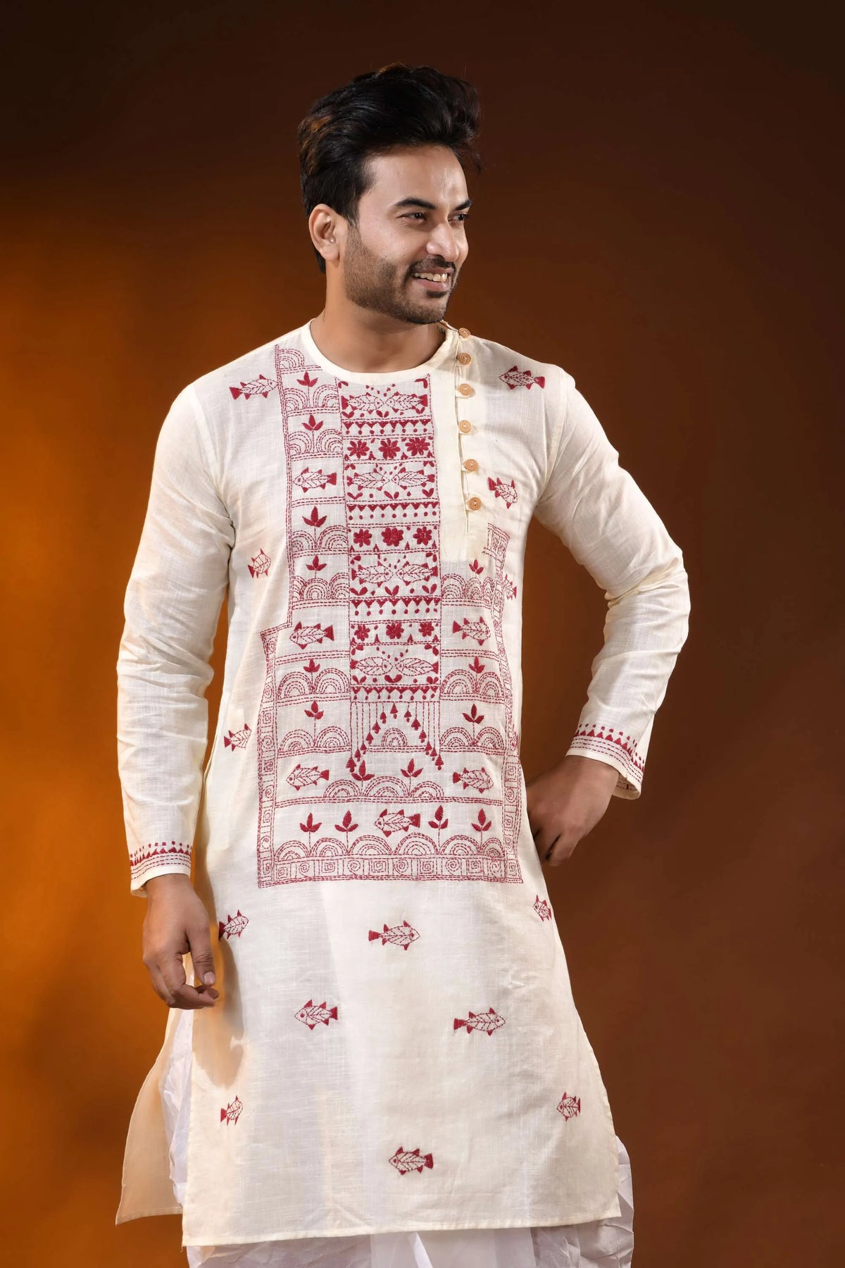 Ivory pure cotton men’s punjabi featuring fish motif kantha stitch art 2