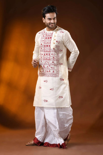 Ivory pure cotton men’s punjabi featuring fish motif kantha stitch art 4