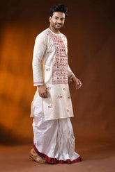 Ivory pure cotton men’s punjabi featuring fish motif kantha stitch art 3